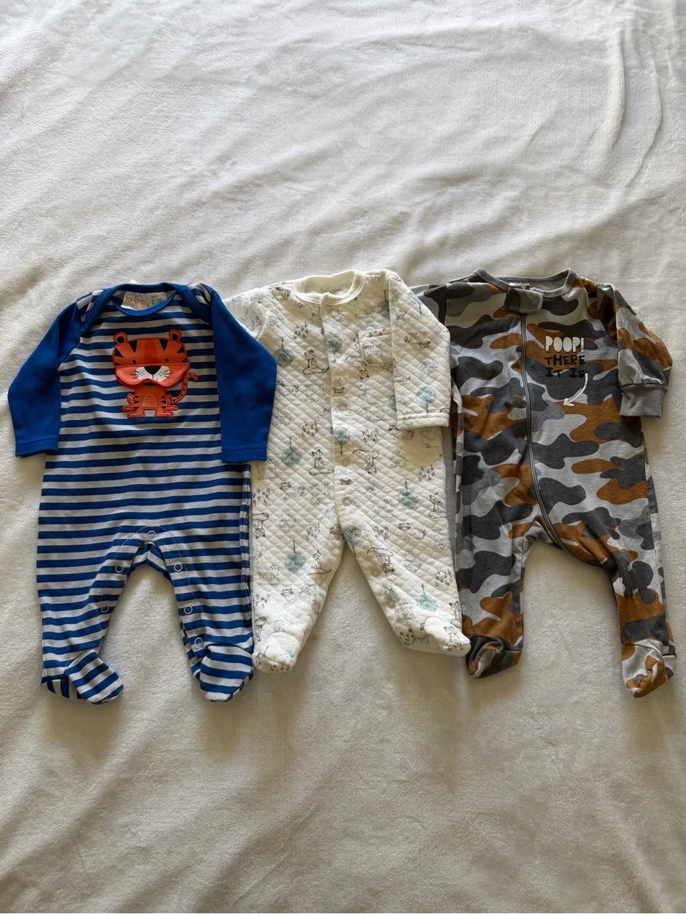 3 Baby Onesies Cotton Footed Pajama Set - Blue Stripe, Cream Print, Camo 0/3 M